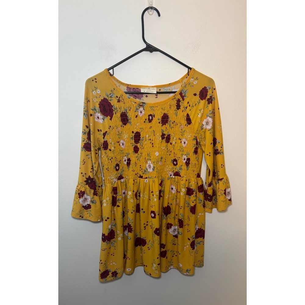 Bobbie Brooks Mustard‎ Yellow Floral Top Size M Bell Sleeves